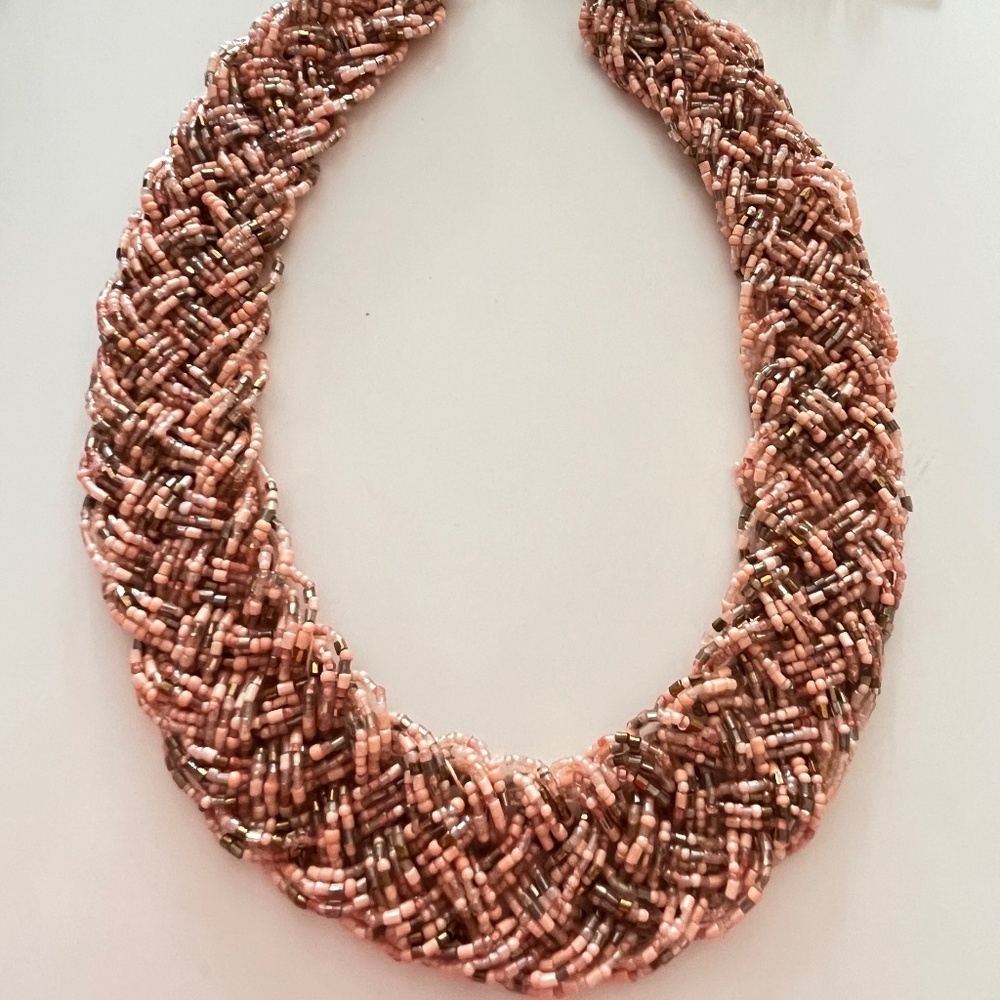 Women's Beaded Statement Necklace, tiny beads on chain, pink peach rose, beige